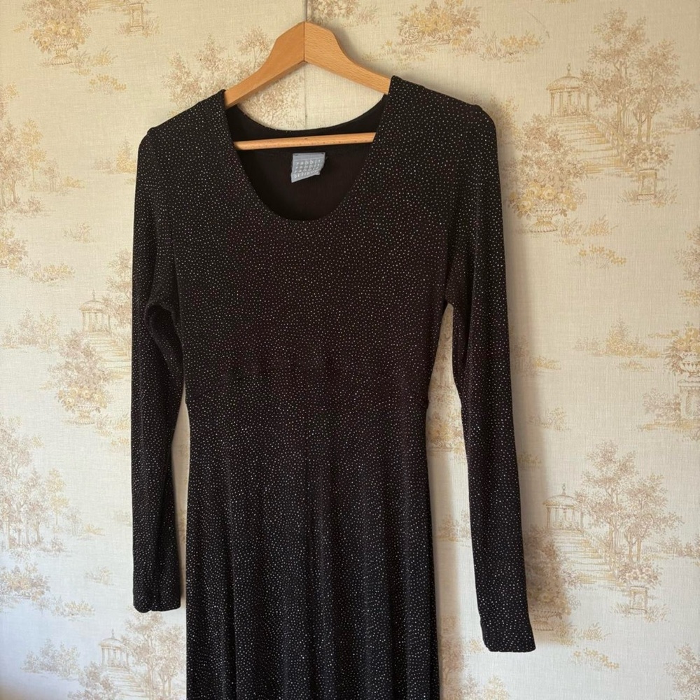 Vintage 90s black silver glitter sparkly long sleeve whimsigoth maxi dress 10